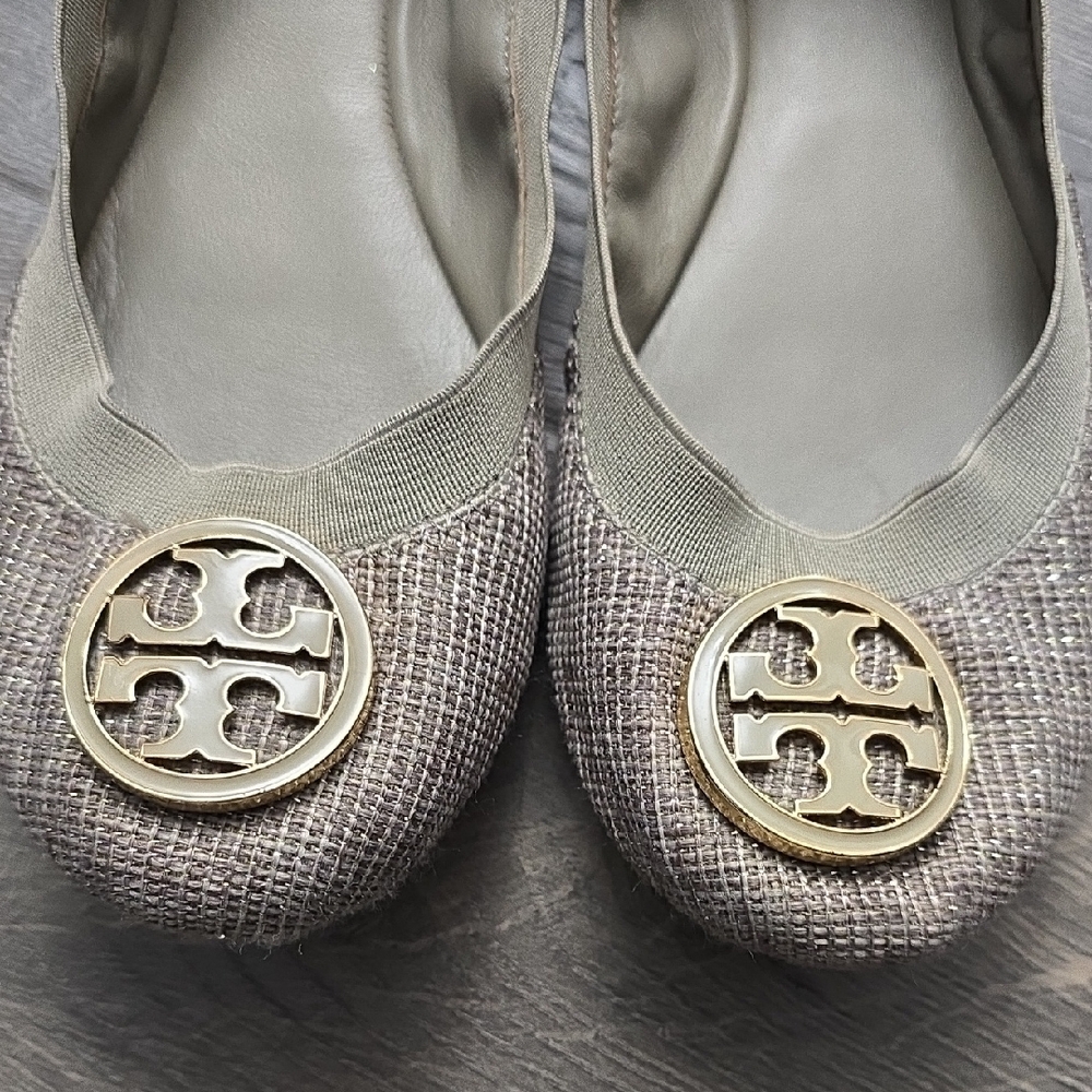 Tory Burch Tan Flats with Gold Logo & Sparkels - Picture 2 of 9